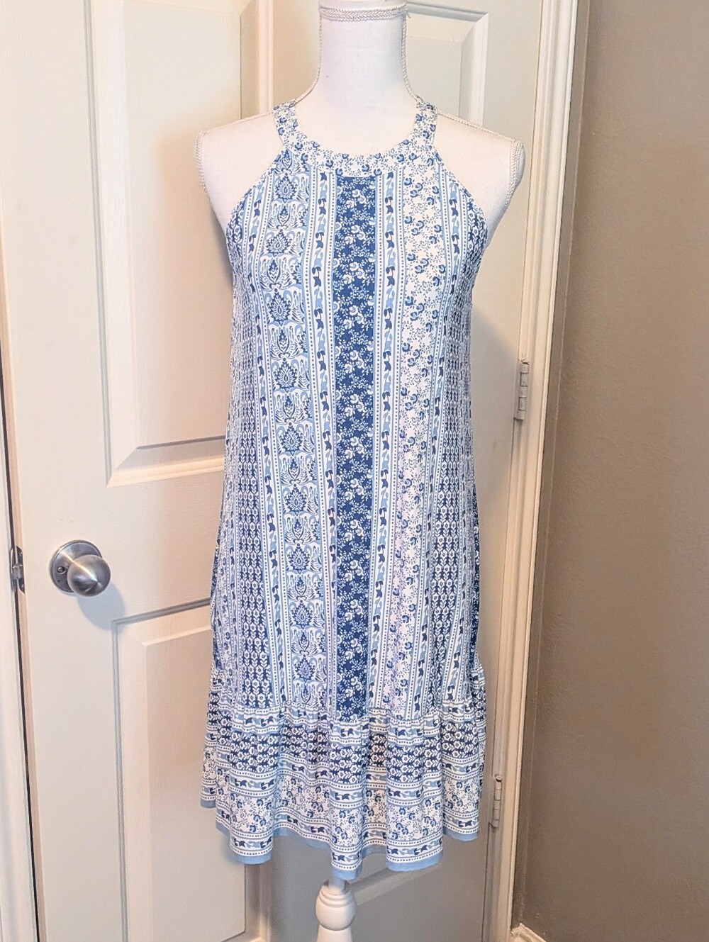NWT LOFT Blue and White Floral Printed Halter Mini Dress With Ruffle